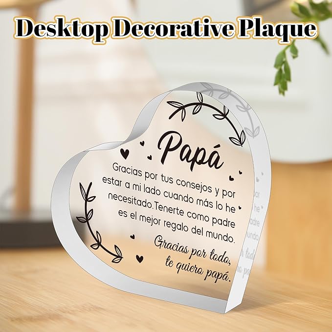 Yopyame Spanish Dad Birthday Gifts - Regalos para Papá Heart Acrylic Plaque for Office Desk Decor Keepsake Paperweights Gifts for Dad in Spanish Christmas Father's Day Gifts for Dad from Daughter Son