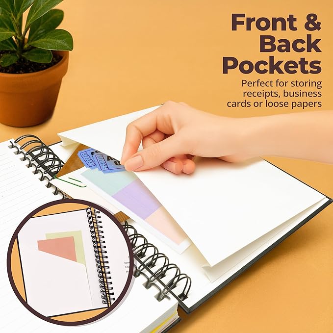 Hardcover Leather Lined Spiral Notebook 8x10" with Removable Dividers - Black - 300 Pages 5 Subject College Ruled Notebook for Work with Tabs, Pockets, and Pen Loop for Note Taking, Large Journal