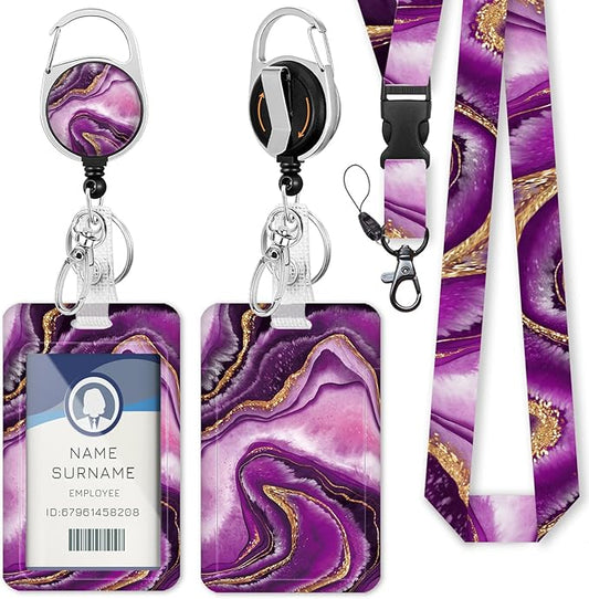 Purple Marble ID Badge Holder with Breakaway Lanyard, Fashionable Lanyards for ID Badges Women, Cute Badge Reel Retractable, ID Card Holder Keychain Name Badge Clip, Nurse Teacher Gifts