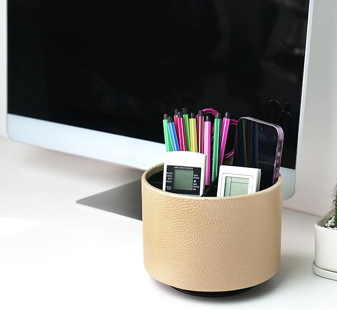 Hennaja Round Leather Art Supply Organizer,Remote Control Holder,360 Degree Spinning,Multi-Functional Pencil Holder,4 Compartments Desktop Stationary Organizer(1-Lichee Gold)