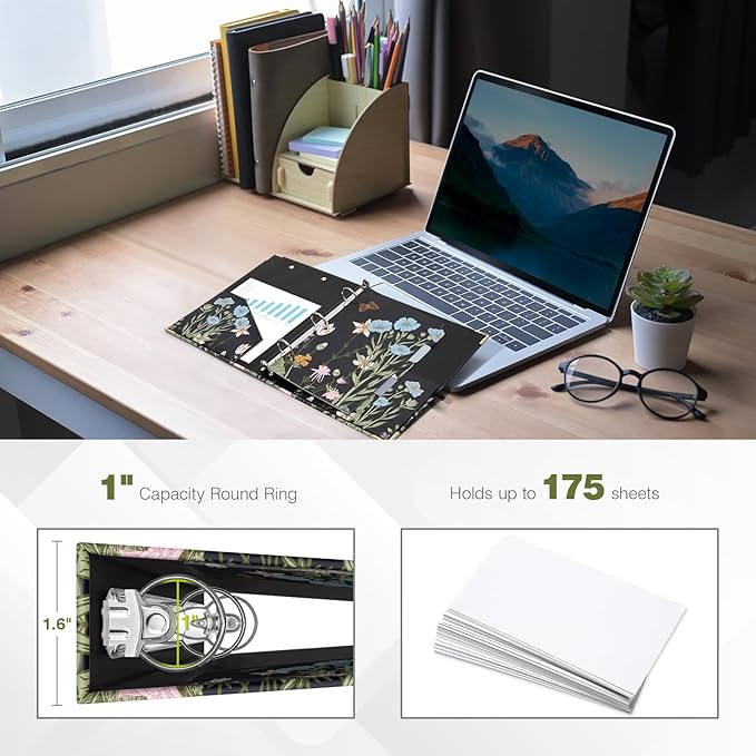 Ospelelf Mini Binder 3 Ring 1 Inch, Floral Round Ring Clipboard Binder with 5 Tab Dividers, File Folder Labels, for School and Office Supplies