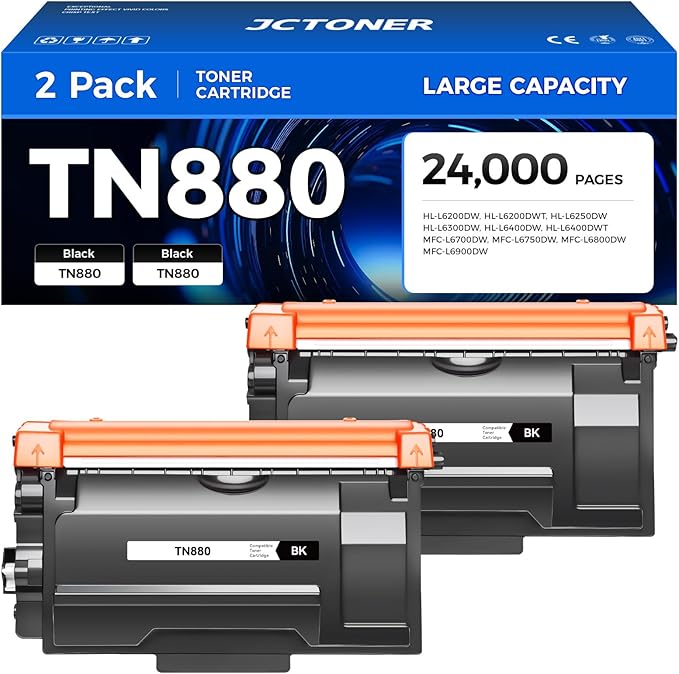 TN880 Black Toner Cartridge 2-Pack High Yield Compatible for Brother TN-880 TN850 TN820 TN890 HL-L6200DW L6200DWT L5200DW L5100DN L6400DW MFC-L5800DW L5700DW L6700DW L6800DW DCP-L5600DN Printer Ink