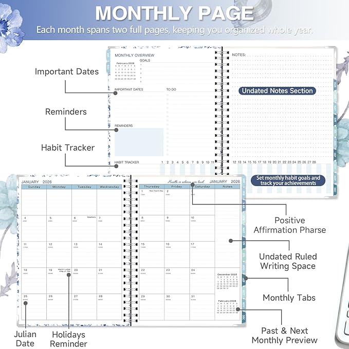 GuassLee Large 2026 Planner, Weekly and Monthly Planner from January 2026-December 2026, 8.5"x 11" Calendar Agenda Book with Back Pocket, Stickers for Home Office School Supply, Blue Floral, A4 Size