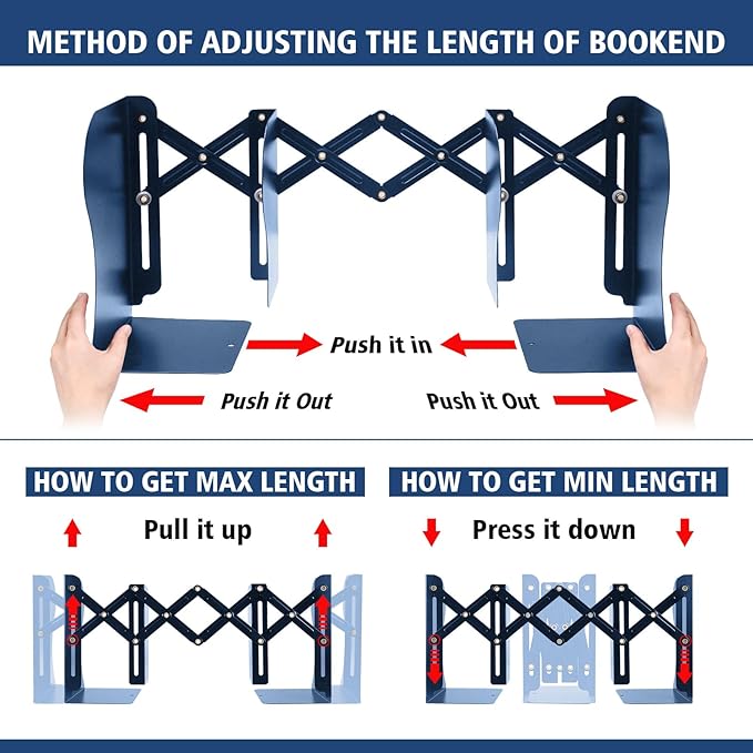 2PCS Adjustable Bookends, Metal Book Ends for Heavy Book, 2 Dividers, Nonslip Book Stander for Desk, Shelf, Office, Stationery Gift, Extends up to 19 inches (Blue)