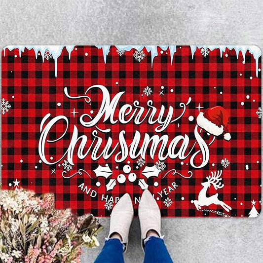 Merry Chirstmas Doormat Buffalo Plaid Door Mat for Front Door, Front Porch Rugs Easy Clean Welcome Mats Outdoor Rug Indoor Outdoor Winter Decor, 16" x 24" Inch