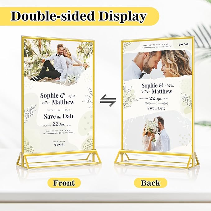 5 x 7 Acrylic Sign Holders - Double Sided Gold Picture Frames - Tabletop Display Menu Stands - Clear Plastic T Shape Vertical Paper Holders - 12 Pack