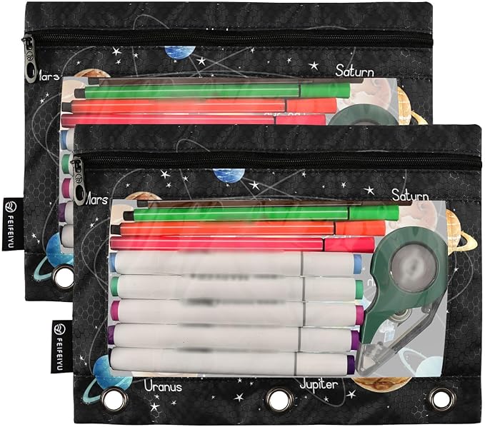 Solar System Pencil Pouch for 3 Ring Binder, 2 Pack Waterproof Pencil Bags Clear Window Zipper School Office Supplies