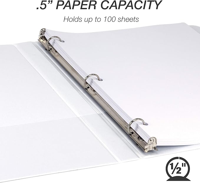 Samsill Durable .5 Inch Binder, Made in the USA, Round Ring Customizable Clear View Binder, White, 24 Pack (MP248417)