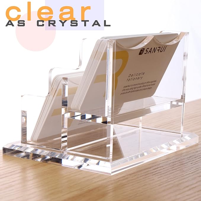 SANRUI Clear Horizontal Business Card Holder Stand for Desk, Acrylic Desktop Display Name Cards Holders Organizer Storage Rack,for Exhibition, Home , Office ,2 Tier 2 Pocket , 120 Card Capacity