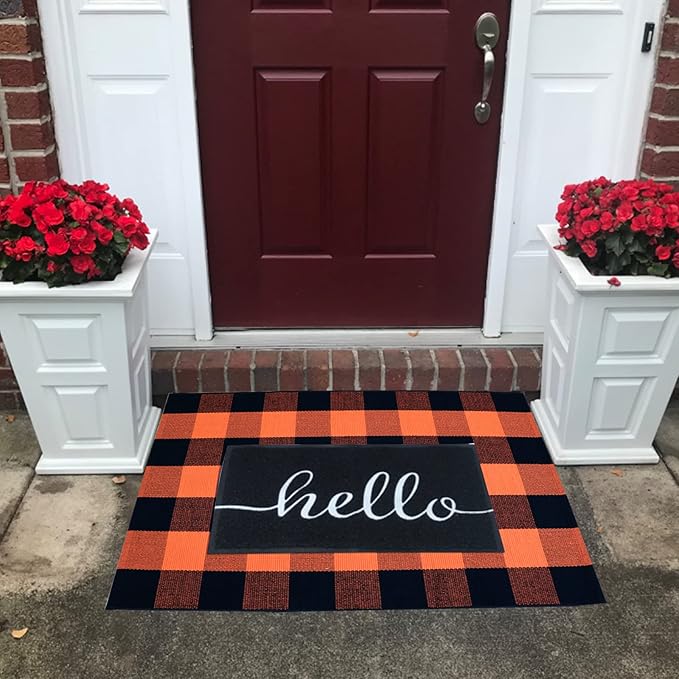 Fall Décor Orange and Black Plaid Rug, 2'4" x 3'7" Fall Outdoor Front Door Decorative Mat, Hand-Woven Rug for Layered Door Mats Washable Carpet for Porch, Entryway, Farmhouse, Autumn, Halloween