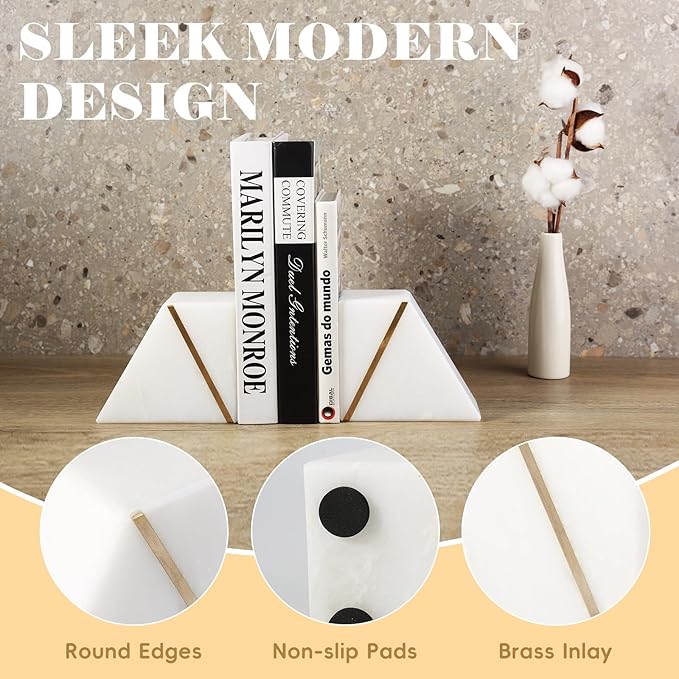 Natural Marble Bookends for Shelves, Decorative Book Ends for Heavy Books, Heavy Duty Mid Century Modern White and Gold Stone Book Holders with Brass Inlay, Unique Bookshelf Stopper Decor, Set of 2