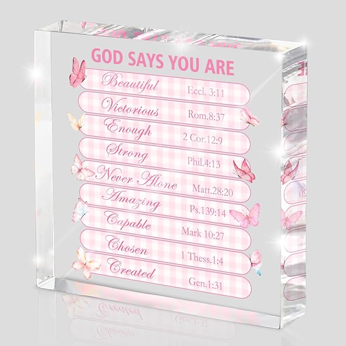 Pink Christian Wall Decor - 4x4 Inch Acrylic Scripture Sign with Butterfly Graphic, Inspirational Bible Verses for Bedroom and Office, Faith-Based Gift for Women