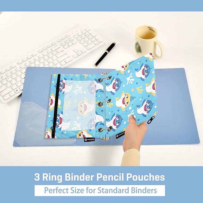 Cute Shark Pencil Pouch for 3 Ring Binder, 2 Pack Waterproof Pencil Bags Clear Window Zipper School Office Supplies