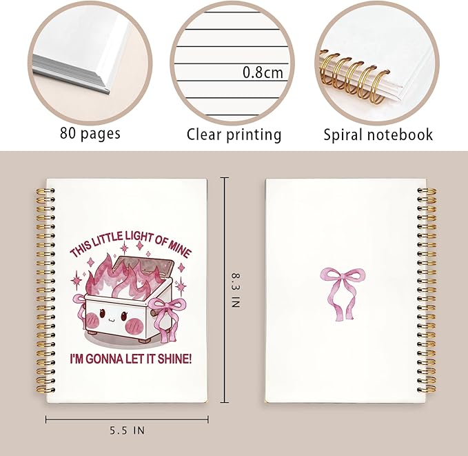 Cute Dumpster Fire Notebook Journal for women, Pink Bow Cute Spiral Notebooks for Women Girls，Dumpster Fire Gifts, Funny Office Gifts for Coworkers, 5.5x8.3 Inch