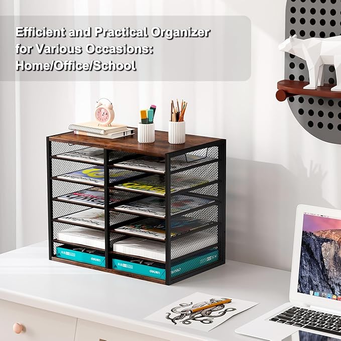 PAG Mass Mail Sorter - Adjustable Mail Holder, Countertop Literature Organizer, Student Mailbox for Classroom, Desktop Bill Paper Organizer for Office Home School, 12 Compartments, Brown