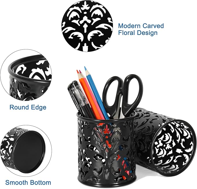 EasyPAG Metal Round Pencil Holder 2 Pack Black Pen Cup Holders Organizer for Desk