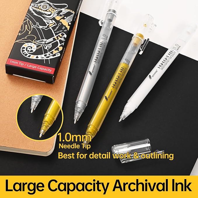 Gold Gel Pens, 1.0 mm Extra Fine Point Gel Ink Pens, Opaque Gold Archival Ink Pens for Black Paper Drawing, Sketching, Card Making, White Gel Pen for Artists Drawing, 3 Pack