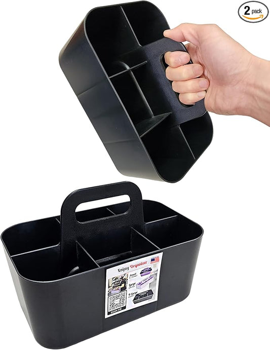 2 Pack Small 6 Compartment Multiuse Caddy Organizer with Handle Art Craft Supplies, Office, Desk, Stationery Pen Holder Stackable- Made In USA (Black)