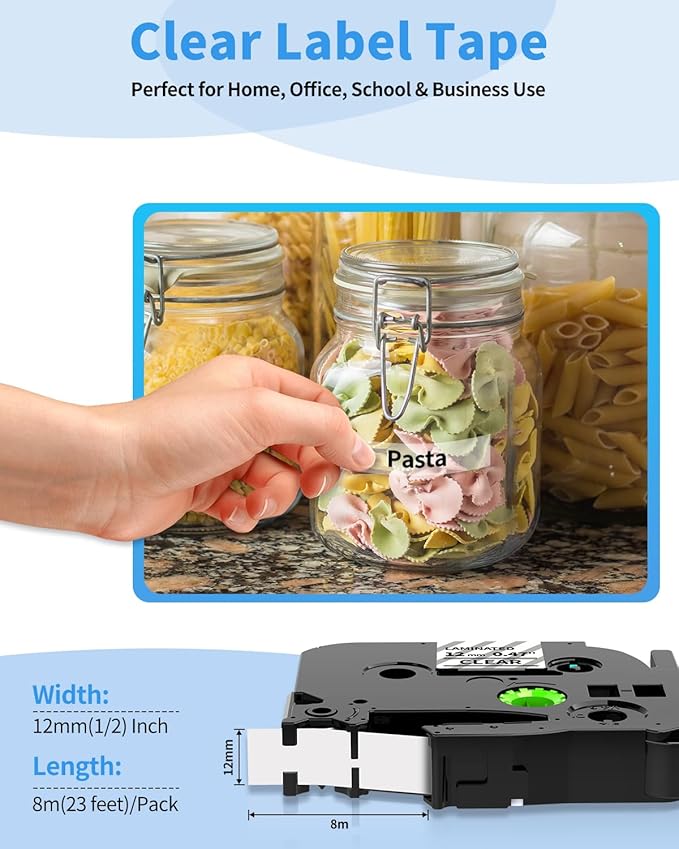 Colorty Clear Label Maker Tape TZe-131 Compatible with Brother P-Touch Label Tape TZ TZe 12mm 0.47 Laminated 1/2" Black on Clear TZe131 for PT-D220 D210 H110 1180 1280 1890 Tape Refills, 6-Pack