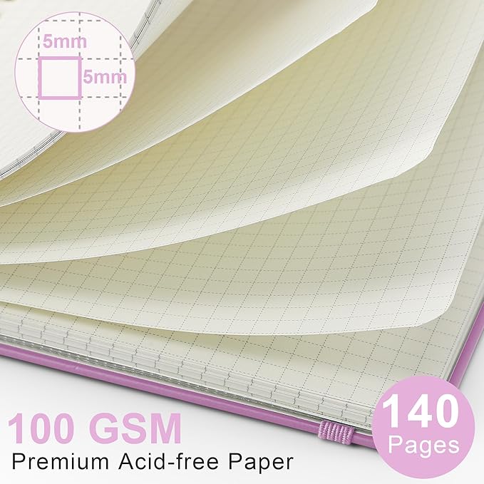 RETTACY Graph Grid Paper Notebook, 140 Pages, A5 Medium Size (5.7'' x 8.3''), 5 Squares per Inch, Hardcover, 100 GSM Thick Paper, for School, Students, Math, Engineering (Lilac)