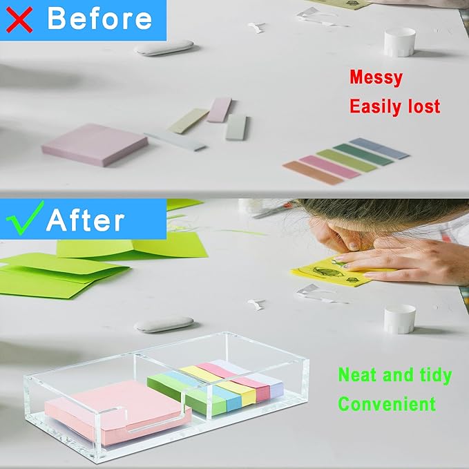 WORHE Sticky Note Holder 2 In 1, Clear Acrylic Memo Pad Holders for Desk Organization School Office Home, Post Pop Notes Dispenser for 3"X3" Note Pads (BQ210)