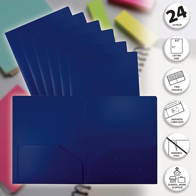 Better Office Products Heavyweight Plastic 2 Pocket Portfolio Folder, Letter Size Poly Folders 24 Pack (Blue)