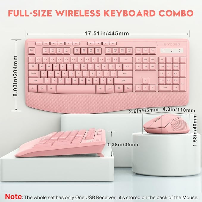 Wireless Keyboard and Mouse Combo, E-YOOSO 2.4GHz Full Sized Ergonomic Wireless Keyboard with Wrist Rest, 3 DPI Adjustable and 6 Buttons Cordless USB Mouse for Computer, Laptop, PC, Windows (Pink)