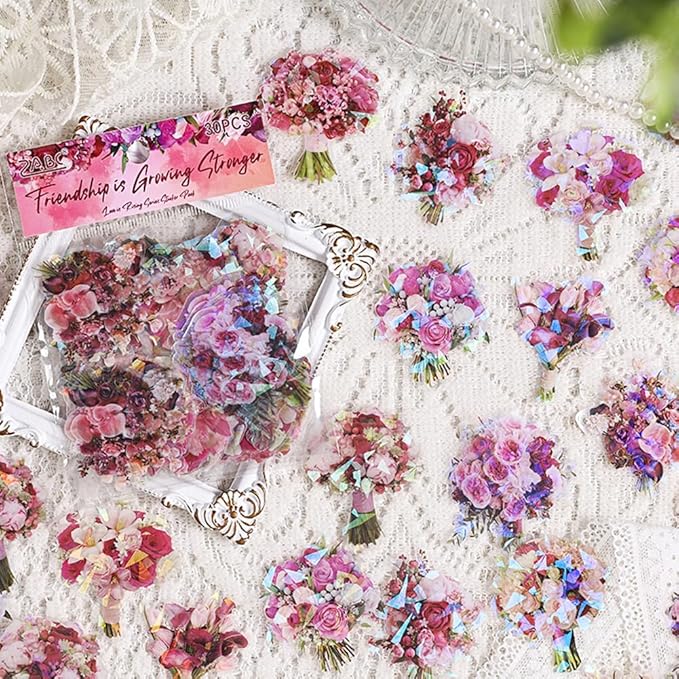 MAFELOE 30 Pieces PET Scrapbook Stickers of Bouquets Theme, Aesthetic Deco Supplies for Junk Bullet Journaling Card Making Daily Planner-Red (D-Y4-AYSQ)