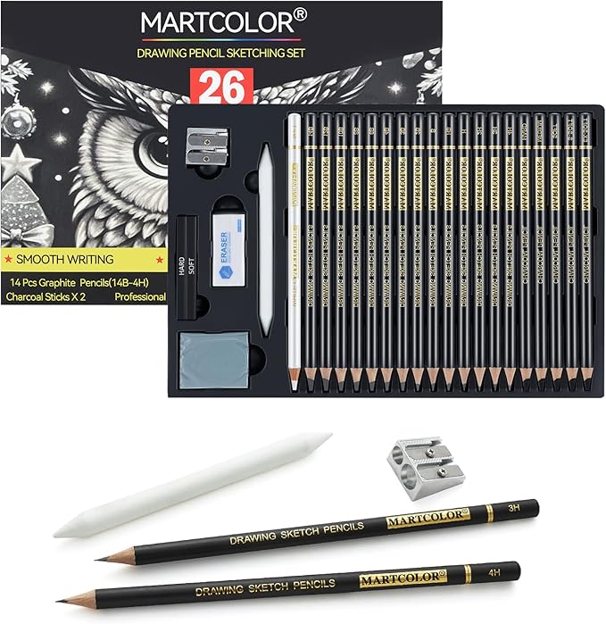 Drawing Sketching Pencil Set, 26 Pieces, Graphite Pencils (14B-4H), Charcoal Pencils, Charcoal Sticks, Blending Stump, Eraser, Sharpeners, Artist Pencils for Beginners & Pro Artists