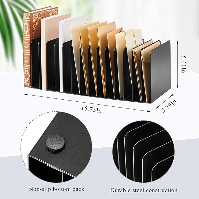 Suzile Metal Desktop File Organizer, 15 Compartments, Vertical File Sorter, Black, 5.79" W x 15.75" L x 5.41" H, Office, Reception Areas, Workspace