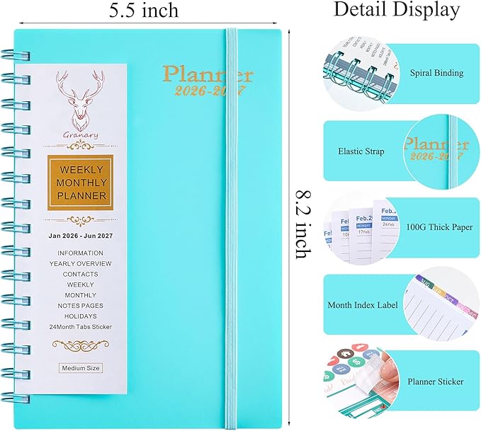 Daily Planner 2026-2027, Weekly and Monthly Planner 2026-2027 Academic Year, January 2026-June 2027 Calendar Planner, 8.2"×5.5", 18 Months, Agenda Book for Teacher, School Student(JAN.2026-JUN.2027 Light Blue)