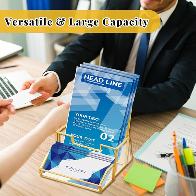 4 Pcs Glass Display Stand Set 2 Gold Glass Brochure Holder Stand 2 Gold Business Card Holder for Office Desktop Countertop Name Card Magazine Literature Journal(8.5 x 11'')