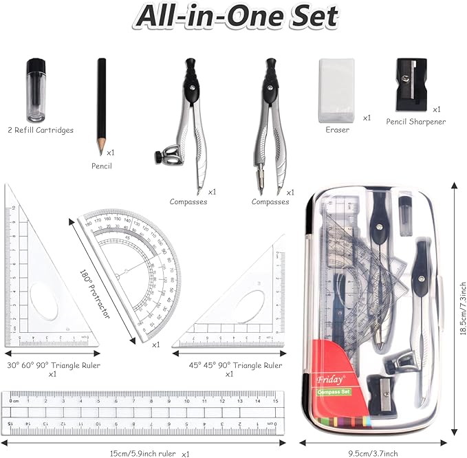 SAYEEC Geometry Set, 10 Pcs Math Protractor Compasses Kit with Ruler, Triangles, Eraser, Sharpener, Lead Refills, Pencil, Storage Box, Drafting Drawing Tools for Architects Engineers Artists Students