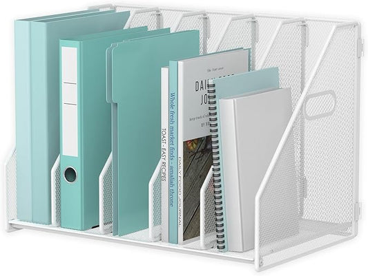 Desk File Organizer Metal Desk Magazine Folder Holder with 5 Vertical Compartments Rack File Organizer for Office, Home, School (White)