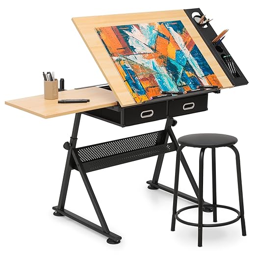 MoNiBloom Adjustable Drafting Table & Stool Set with Storage, Versatile Art Desk and Craft Center Home Study Room Artist Desk