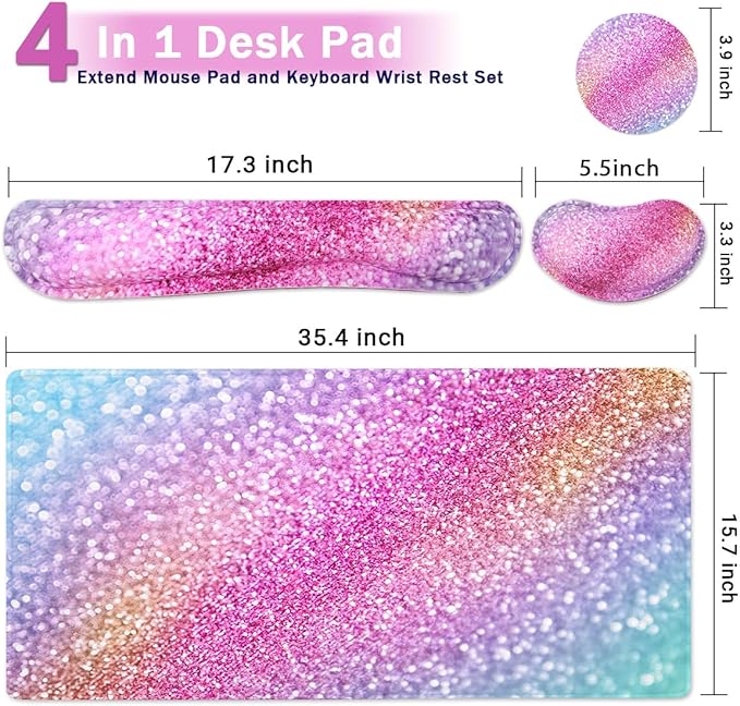 Large Keyboard Mouse Pad Set, Extended Mouse Pad+Keyboard Wrist Rest Support, Memory Foam Ergonomic Easy Typing, 4Pcs (35.4×15.9 in) Desk Pad Set for Home Office Study Game - Colorful