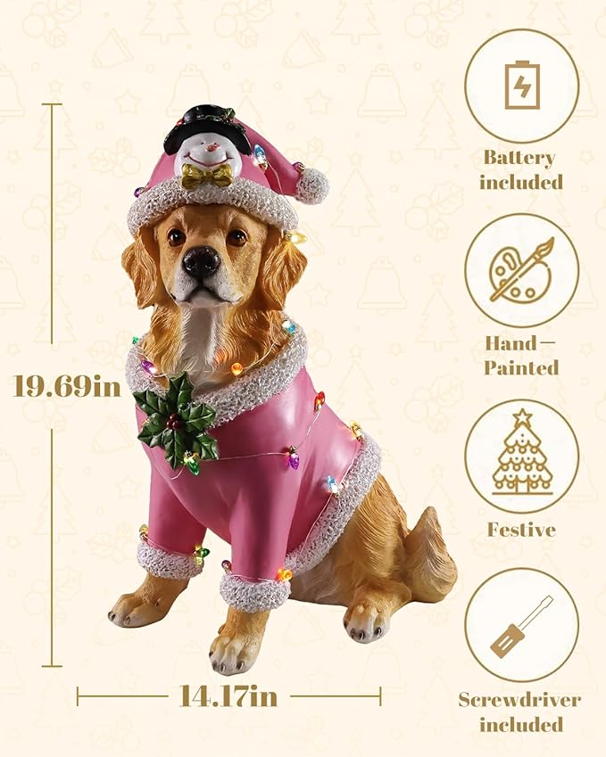 Christmas Outdoor Decoration Dog Statue, LED Light Cute Golden Retriever Dog Sculpture with Pink Santa Outfit & Lights for Garden and Yard, Indoor Holiday Décor Gift for mom and dad