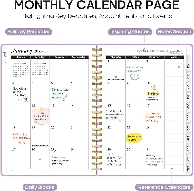 2026 Planner, Weekly and Monthly Calender Planner, Jan 2026 to Dec 2026, Hardcover 2026 Calendar Planner Book with Tabs & Inner Pocket, Office Home School Supplies for Women & Men - A5 (6.3" x 8.5"), Purple