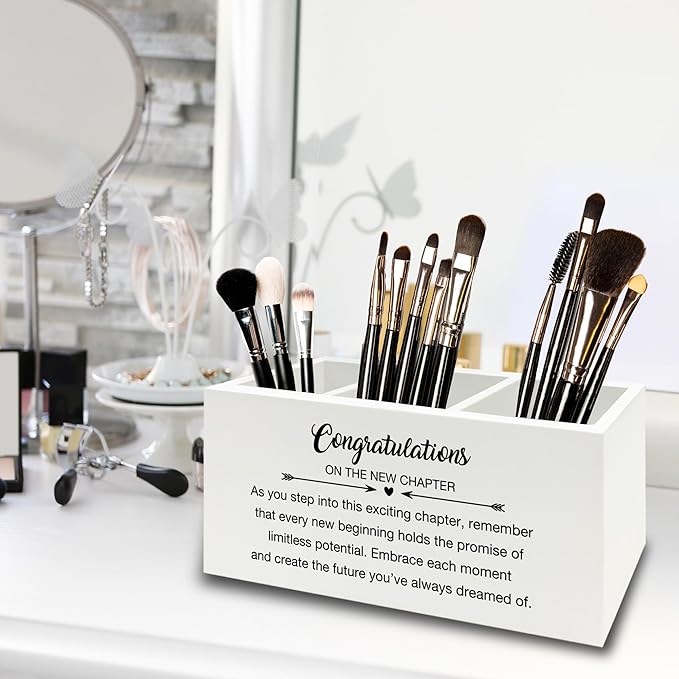Congratulations Gift Pen Pencil Holder Organizer for Desk, Graduation Gifts, New Job Gifts, Congratulations on the New Chapter Wooden Box Sign for Home Office Desk Tabletop Decorations