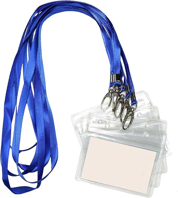 Lanyard with ID Holder 50 Pcs Waterproof Name Tag Horizontal Badge ID Card Holders ID Pass Holder and 50 Pcs Flat Neck Blue Lanyards Swivel Hook