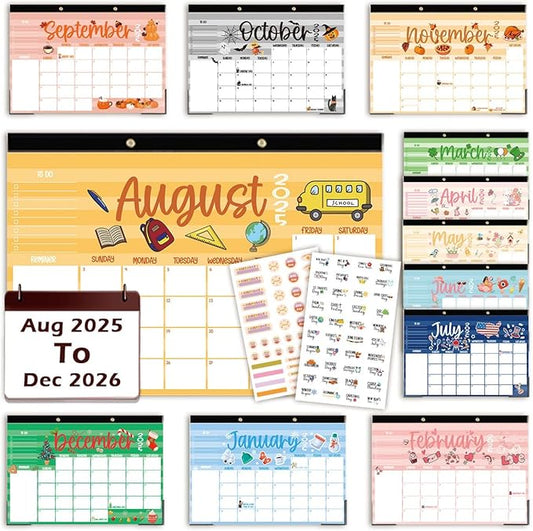 Large Doodle Teacher Desk Calendar 2025-2026 25-26 Teacher planner 17-Month 2025-2026 Desk Desktop Holiday Monthly classroom Calendar 2025 August 2025-December 2026 with Holiday Planner Stickers