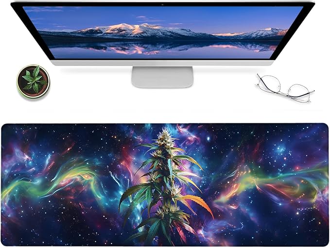 Green Weed Plant Gaming Mouse Pad,12x31.5in Non-Slip Rubber Botanical Desk Mat,Large Extended Cosmic Mystical Leaf Mousepad for Office Home Laptop,Mice Pads Gifts,Game Lover Deskmat Decor