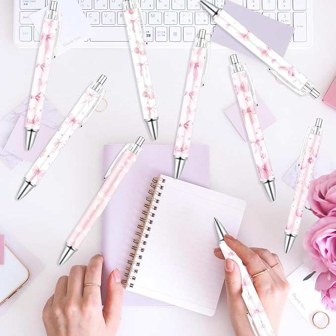 Coquete Bows Ballpoint Pens - 24PCS Pink Ribbon Bows Pens Set Cute Cherries Smooth Writing Pens Retractable Pink Conquette Bow Pen for Office Stationery School Supplies for Women Teacher Gifts