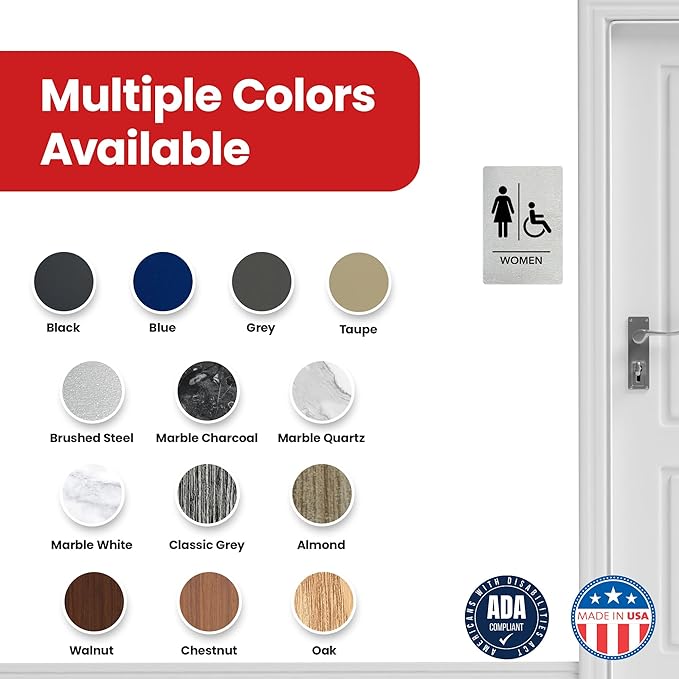 Promot Men and Women Handicap Restroom Sign – ADA Braille Bathroom Sign for Business, Self-Adhesive, 9" x 6", Commercial Door Signage, Office Wall Decor - Brushed Steel