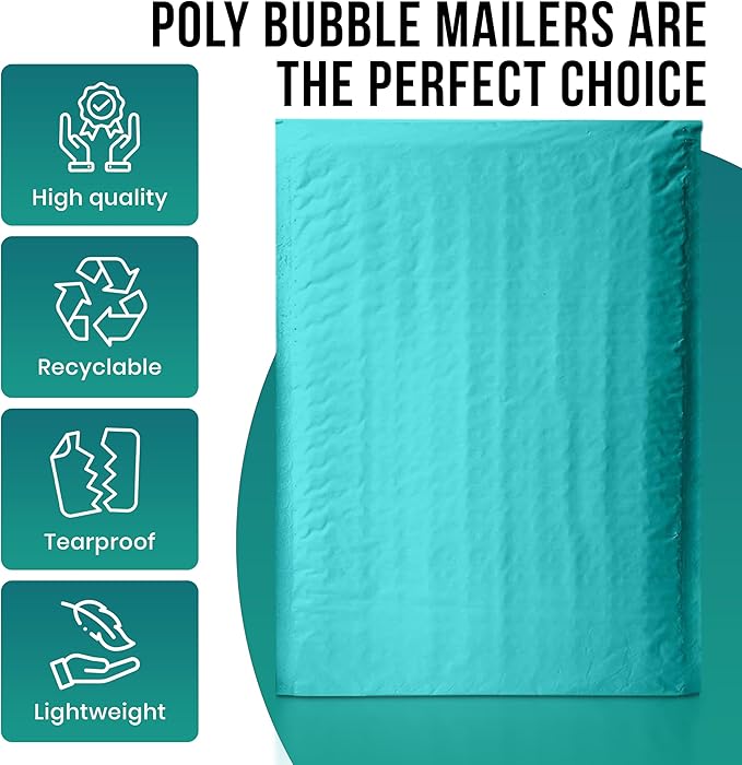 Levex - #0 6" x 10" [10 Pack] Teal Poly Bubble Mailers, Padded Envelope Mailers, Packing Envelope & Mailing Bags for Shipping