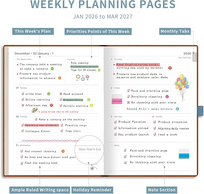 AHGXG 2026 Planner, Weekly and Monthly, Large A4 8.5"x11", Planner 2026-2027, Calendar 15-Months Jan 2026 - Mar 2027, Vegan Leather Softcover, Inner Pocket, Gray Blue