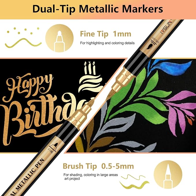 Metallic Marker Pens, 30 Colors Dual Tip Acrylic Paint Pens for Black Paper, Scrapbooking, Photo Album, Rock Painting, Paint Marker for DIY Arts & Crafts, Glass, Wood, Card Making, Scrapbook Supplies