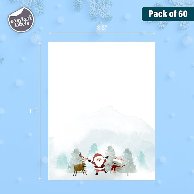 easykart labels Christmas Stationery Paper Letterhead Sheets 60 Pack Holiday Xmas Theme Design For Writing Letters Computer Office Notes & Printing Supplies Size 8.5" X 11"