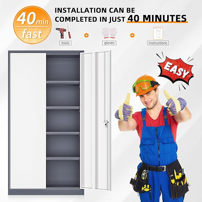 INTERGREAT Garage Storage Cabinets with Doors and Shelves,72" Grey White Steel Tool Locking Cabinet, Metal Storage Cabinet for Home Office, Warehouse, School