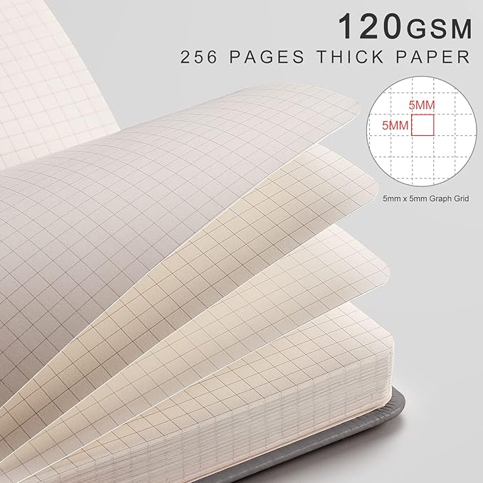 EMSHOI Graph Paper Notebook 256-Page A5 Grid Journal, PU Leather Hardcover 120gsm Thick, Bleed-Resistant Paper, Portable 5.75” x 8.38” Size for Work, Math, Engineering– Dark Grey